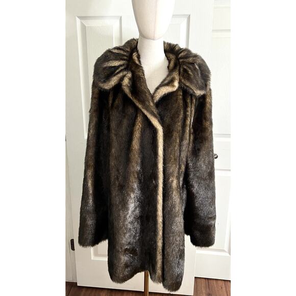 PAMELA MCCOY Brown Mink Faux Fur Mob Wife 80's Glamour Coat - Picture 1 of 15